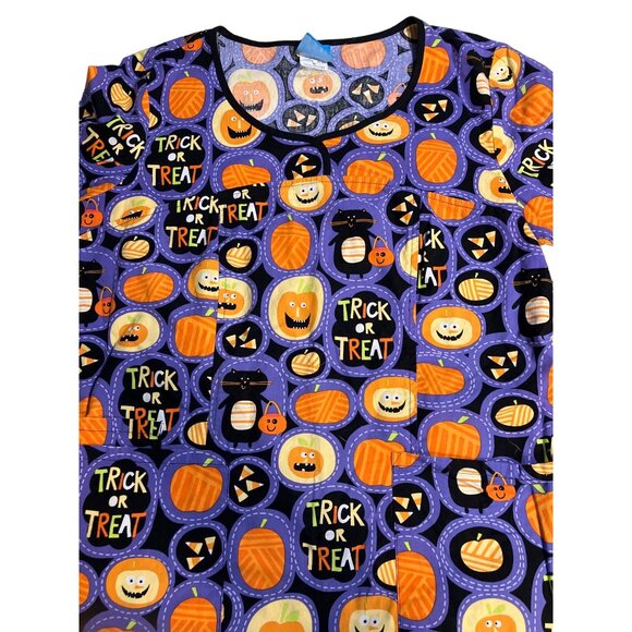 Halloween HQ Scrub Top Trick or Treat Pumpkins Cat Size M - Picture 2 of 11